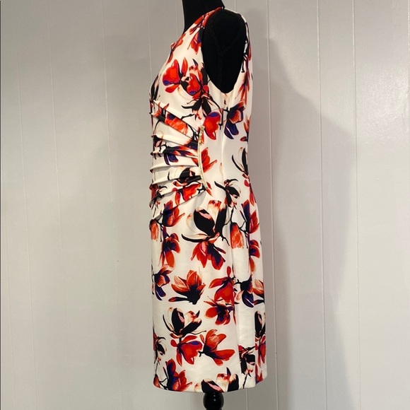 Ivanka Trump Dress Midi Sleeveless Ruched Gold Zipper Floral Red Black Size 12 - Picture 9 of 10